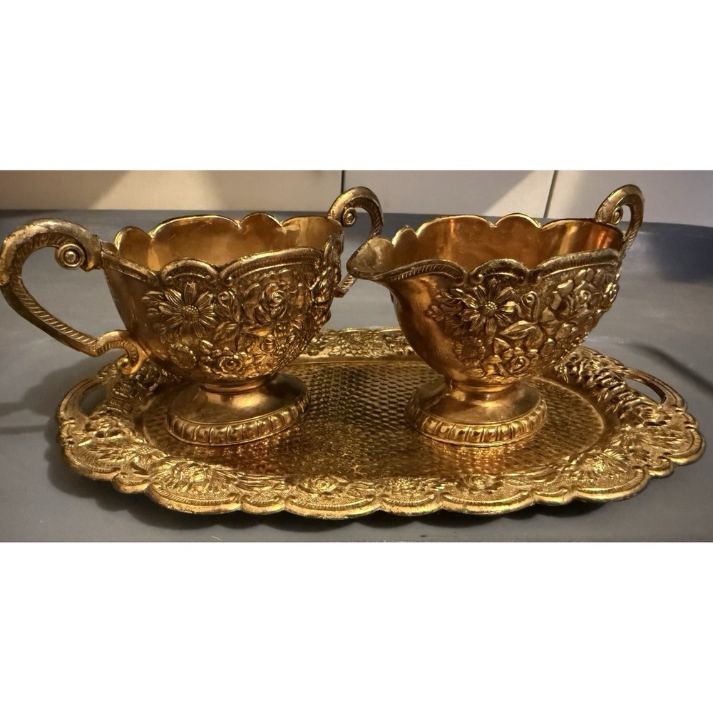 Ornate Sugar, Creamer & Tray Floral Repoussé Holiday Imports Vintage Gold Color